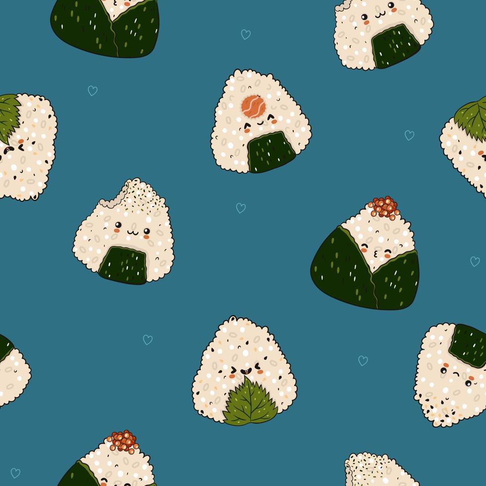 Seamless pattern with kawaii onigiri on a blue background. Vector graphics.