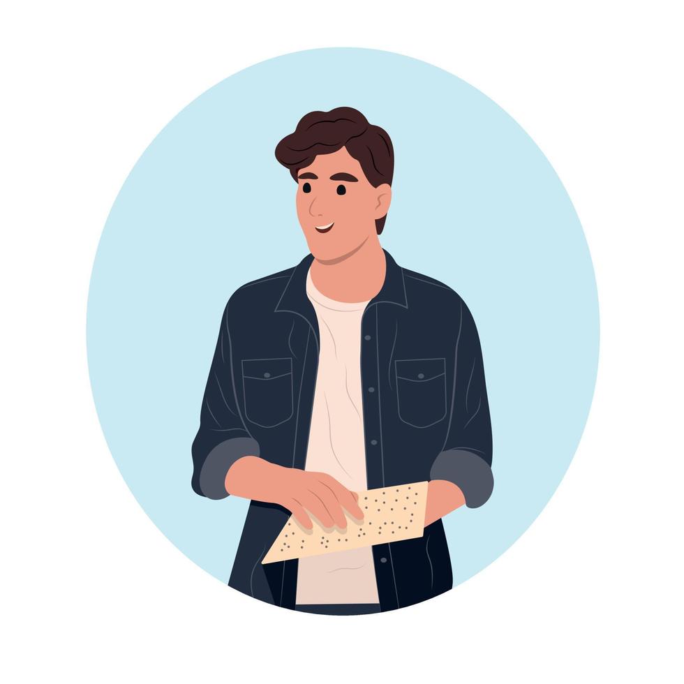 A young smiling guy is reading something in Braille. Vector flat illustration