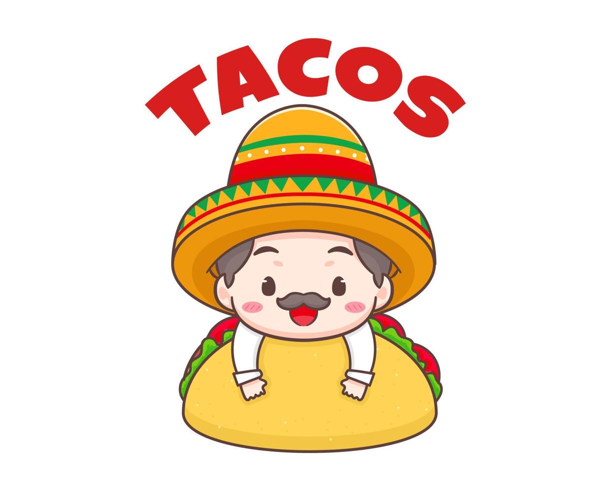 Tacos logo cartoon illustration. Cute chef wears sombrero hat holding tacos. Mexican traditional street food. Adorable Mexican chef. Vector art illustration