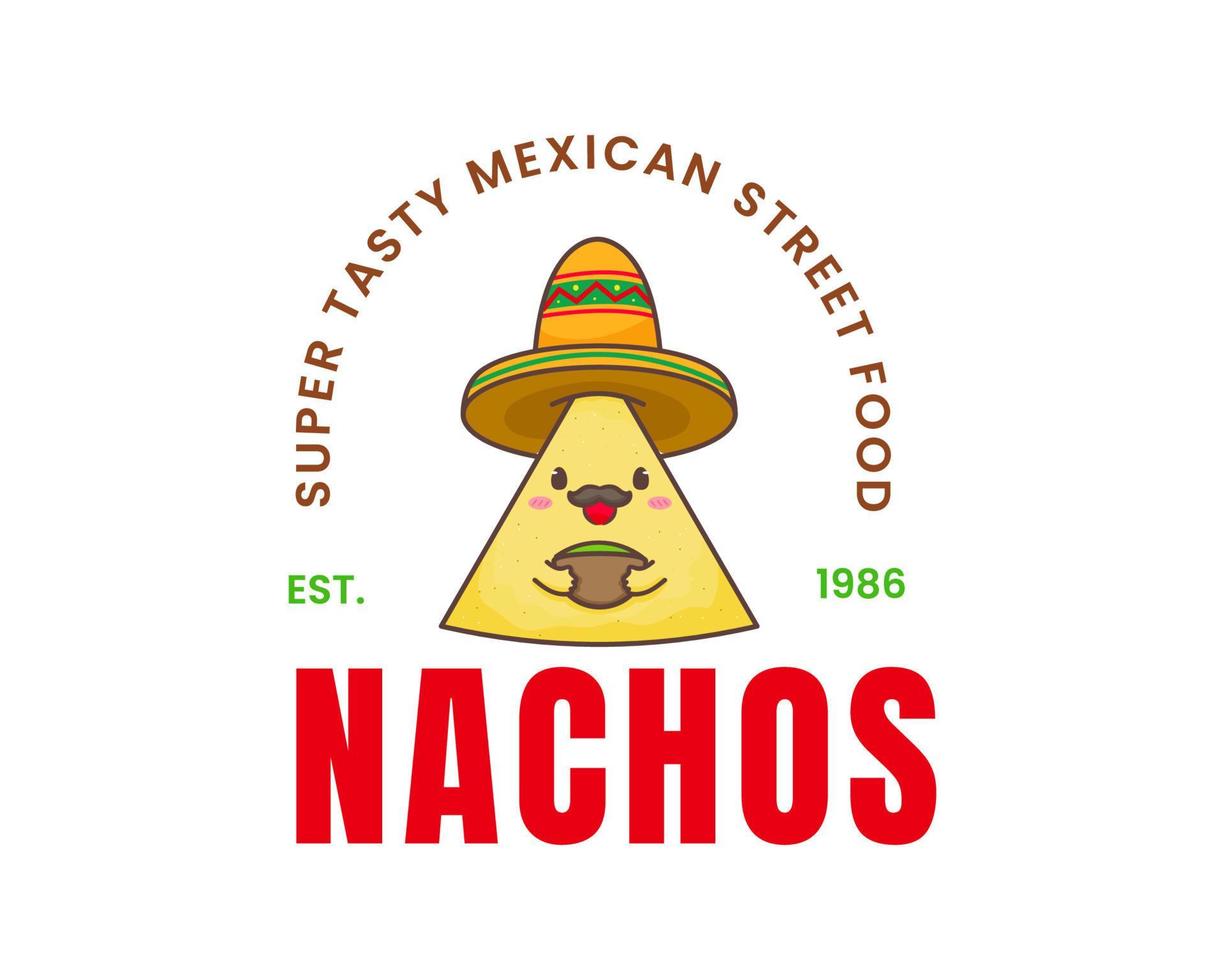 Nachos cartoon logo vintage retro. Mexican food. Traditional street food.  Cute adorable food character concept. Nachos wear sombrero hat with guacamole sauce. Vector art illustration