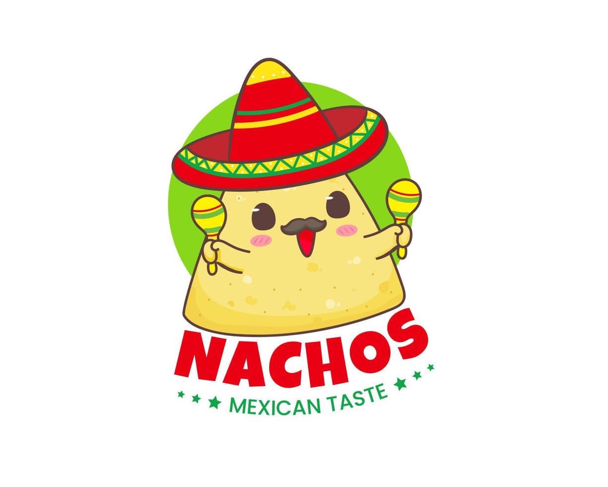 logotipo de dibujos animados de nachos. comida callejera tradicional mexicana. lindo y adorable concepto de personaje de comida. nachos usa sombrero sombrero tocando maracas. ilustración de arte vectorial vector