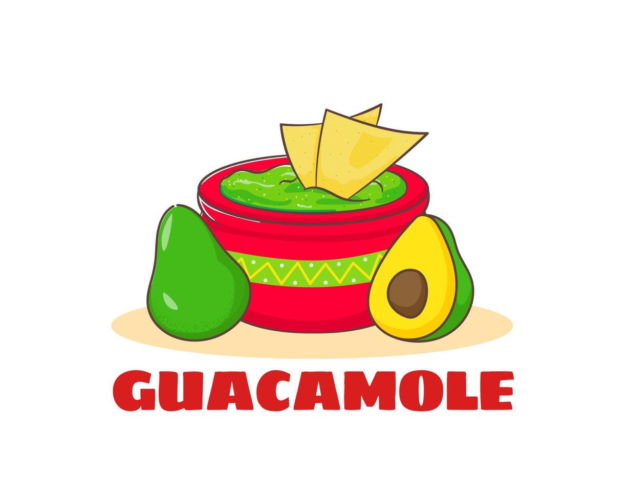 Guacamole cartoon logo. A bowl of guacamole sauce with nachos. Mexican traditional street food. Vector art adorable character.