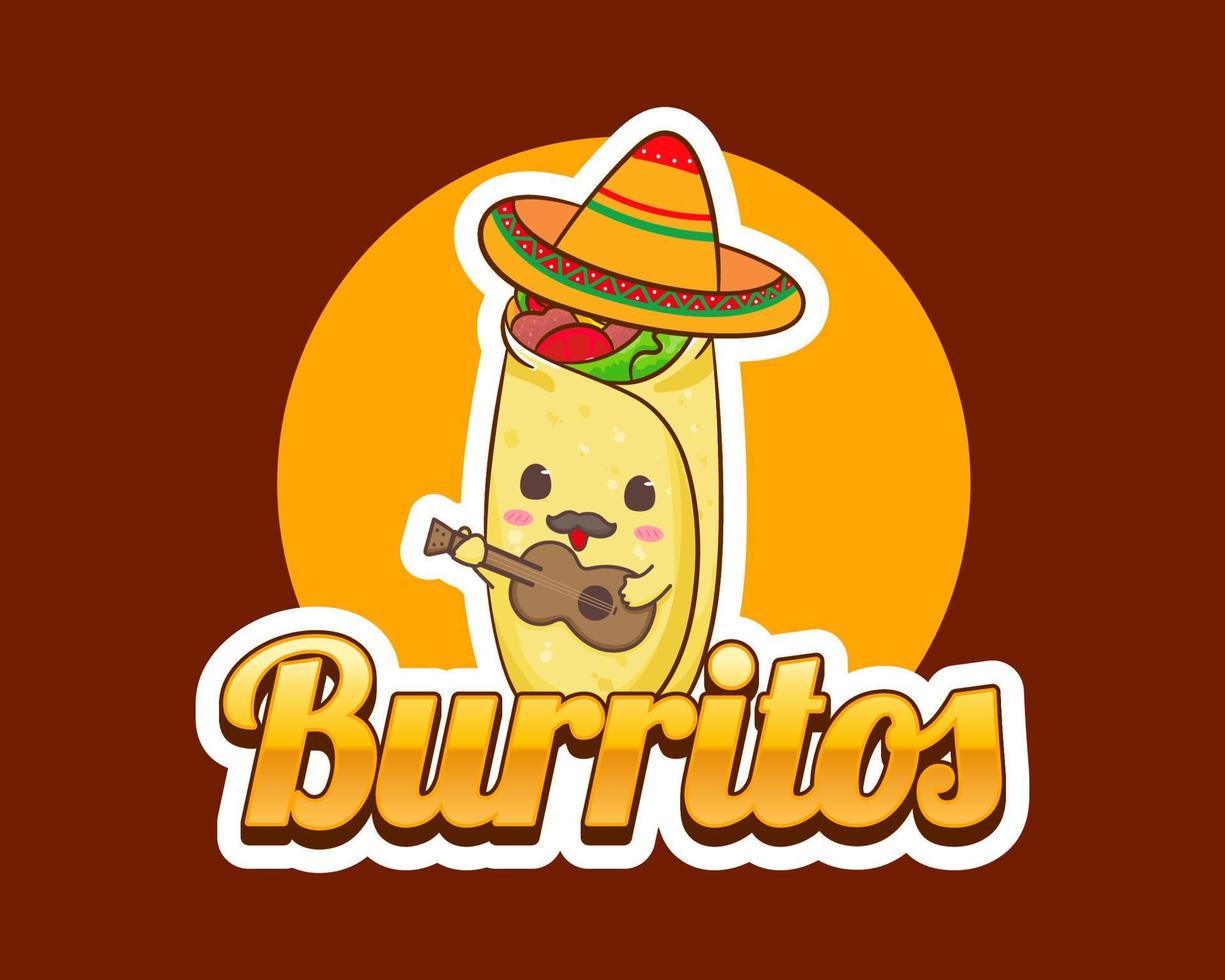 Mexican Traditional Food. Burritos Playing Guitar. Cute Burritos Wears Sombrero Hat. Burritos Illustration. vector