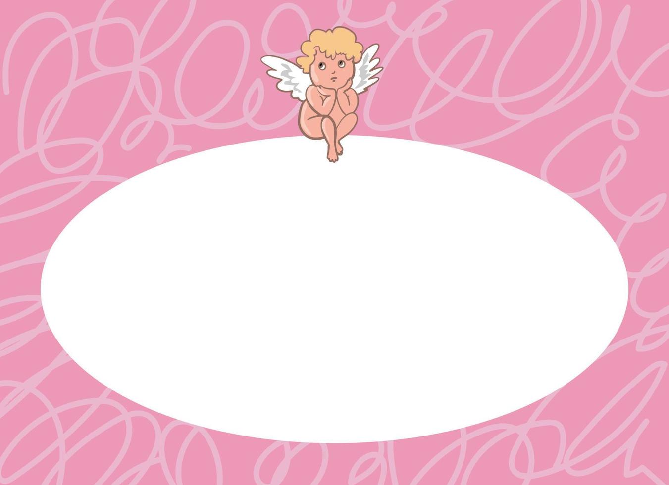 Cute Valentines day greeting card with Cupid. Hand drawn elements, vector illustration. Hearts, happy love angel for Valentines day holidays.