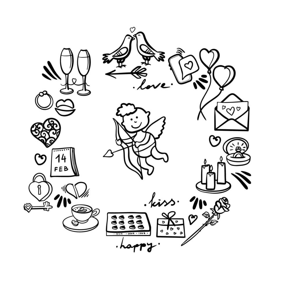 Vector set with hand drawn isolated doodles on the theme of love. Symbols of Valentine's Day