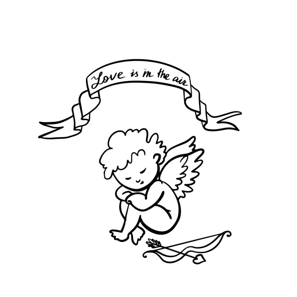 Flying Cupid or Amur with bow and arrow. Winged baby god of love Eros. Hand drawn linear doodle ink sketch. Isolated vector illustration.