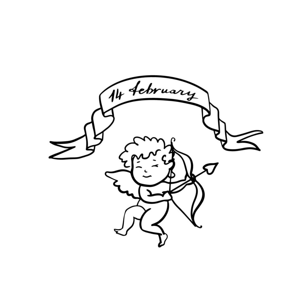 cupido volador o amur con arco y flecha. bebe alado dios del amor eros. boceto de tinta de garabato lineal dibujado a mano. ilustración vectorial aislada. vector