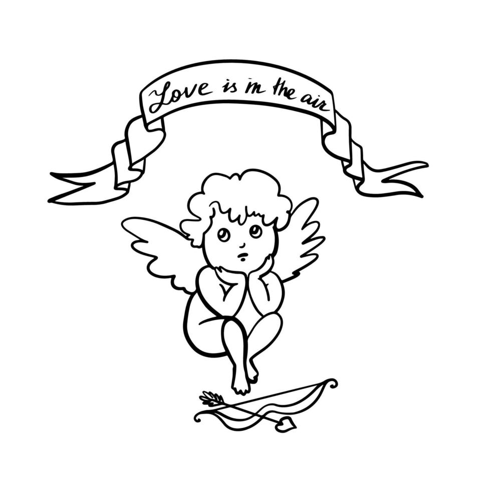 cupido volador o amur con arco y flecha. bebe alado dios del amor eros. boceto de tinta de garabato lineal dibujado a mano. ilustración vectorial aislada. vector