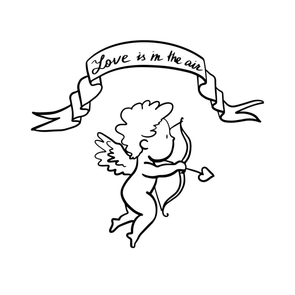 cupido volador o amur con arco y flecha. bebe alado dios del amor eros. boceto de tinta de garabato lineal dibujado a mano. ilustración vectorial aislada. vector