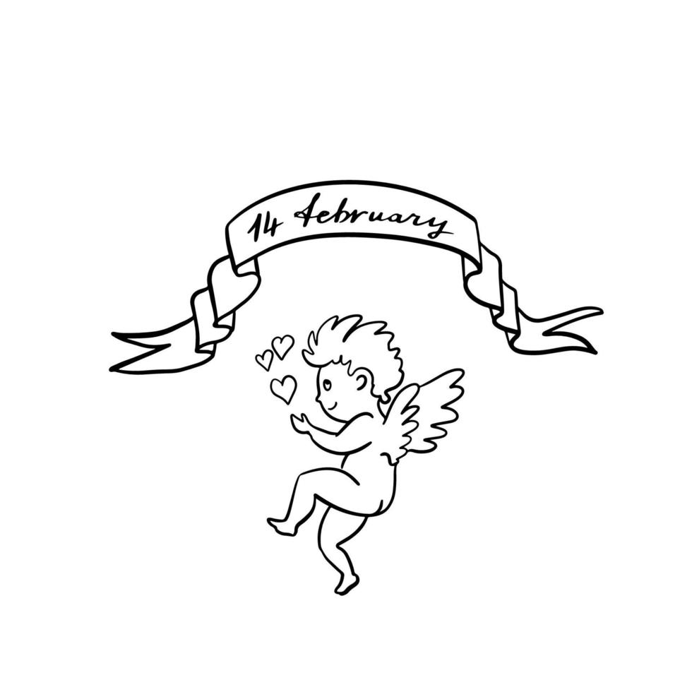 Flying Cupid or Amur with bow and arrow. Winged baby god of love Eros. Hand drawn linear doodle ink sketch. Isolated vector illustration.