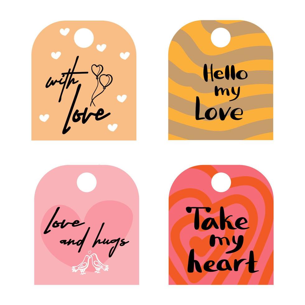 conjunto de lindas tarjetas de San Valentín dibujadas a mano, etiquetas de regalo con símbolos de amor de bosquejo de garabatos, objetos vectoriales aislados. vector