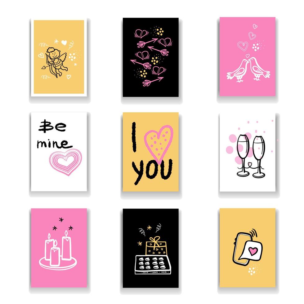 Set of cute hand drawn Valentines day cards, gift tags with doodle sketch love symbols, isolated vector objects.