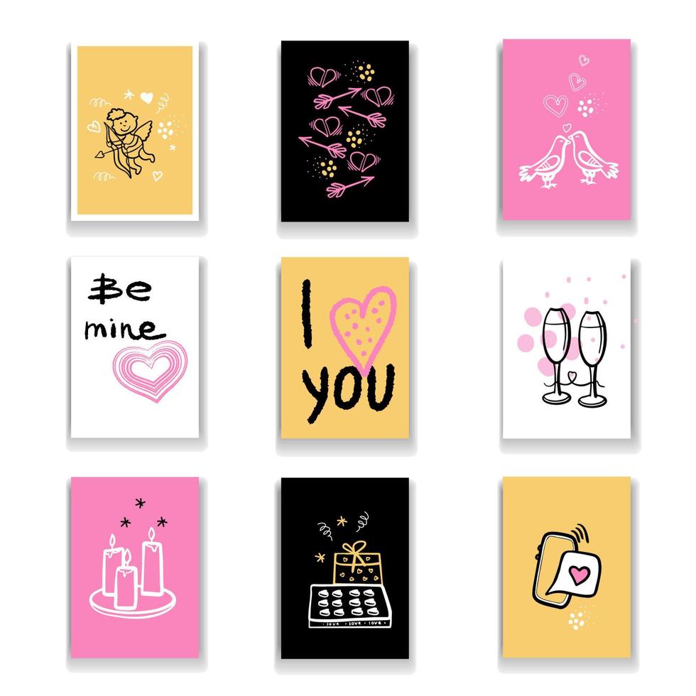 conjunto de lindas tarjetas de San Valentín dibujadas a mano, etiquetas de regalo con símbolos de amor de bosquejo de garabatos, objetos vectoriales aislados. vector