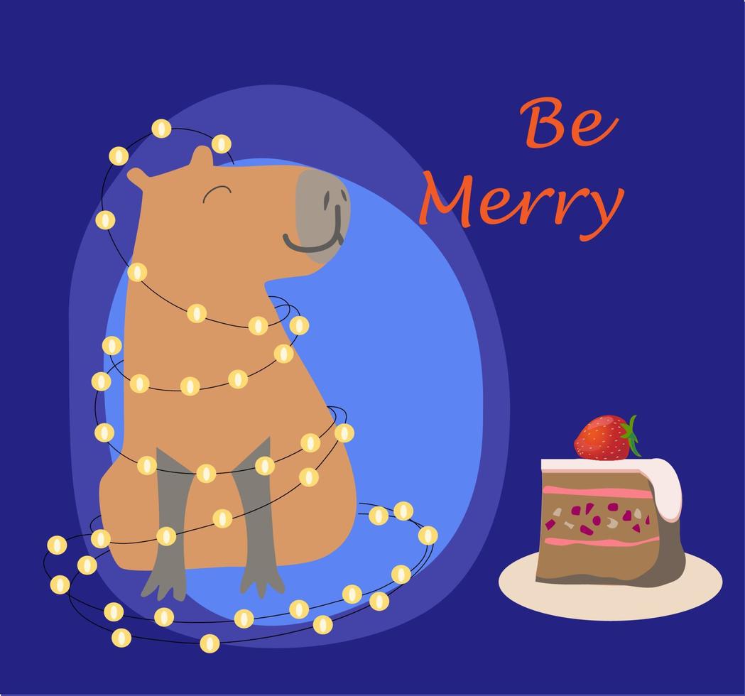 Greeting Christmas card with cute capibara. Be merry. vector
