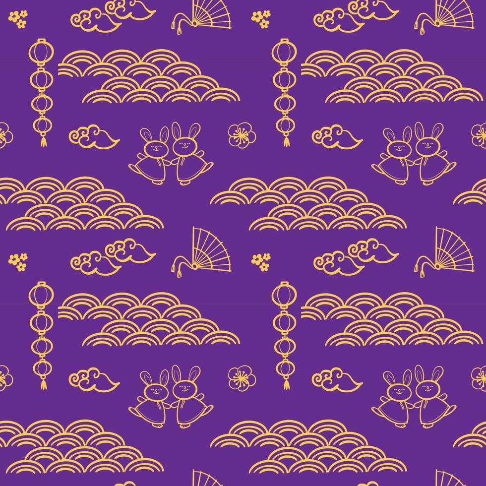 Chinese pattern with gold line art characters, simple hand-drawn Asian elements on violet background vector