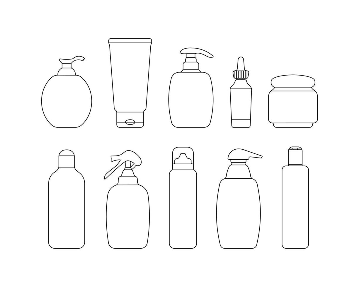 Set of simple outline cosmetic bottles in minimalistic style, include containers for Cream, Lotion, Shampoo, Spray and Soap, Foam for design. Isolated on white background vector
