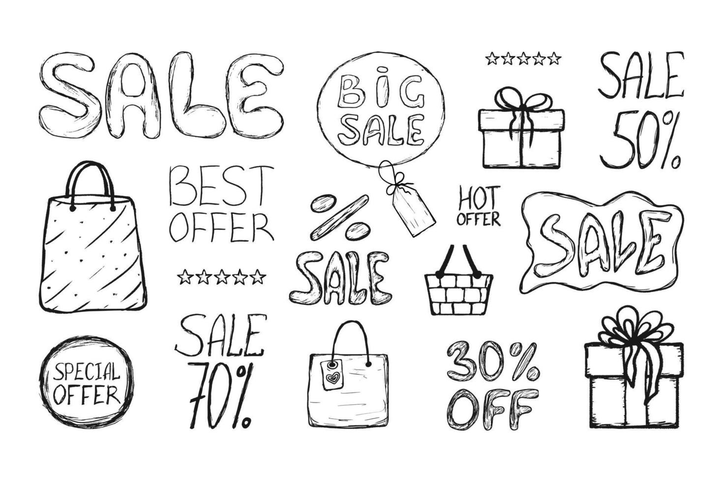 Set of hand drawn doodle sale clipart and lettering. Shopping design elements, banners, badges, price tags, illustrations, handmade calligraphy. Isolated on white background vector