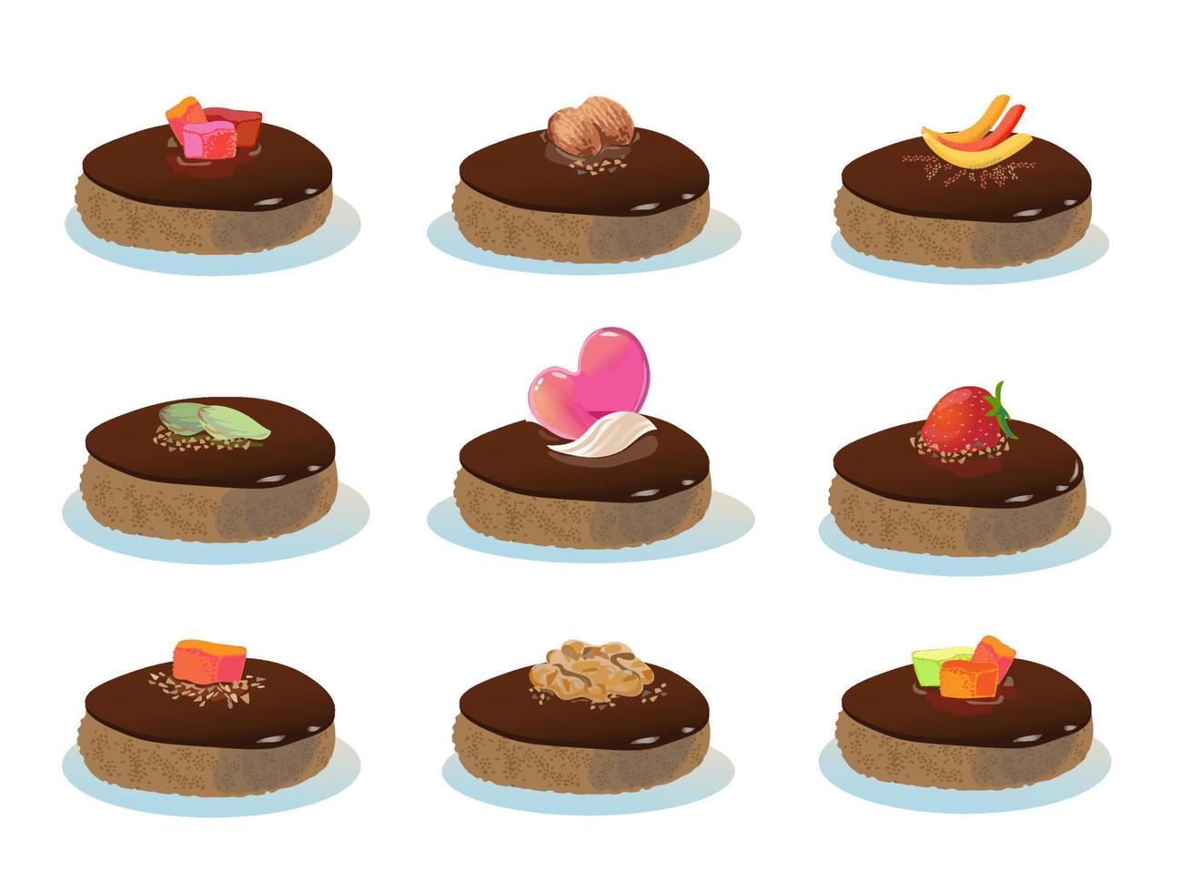 Delicious cakes with different sets of toppings. Chocolate base dessert with nuts and candied fruits vector