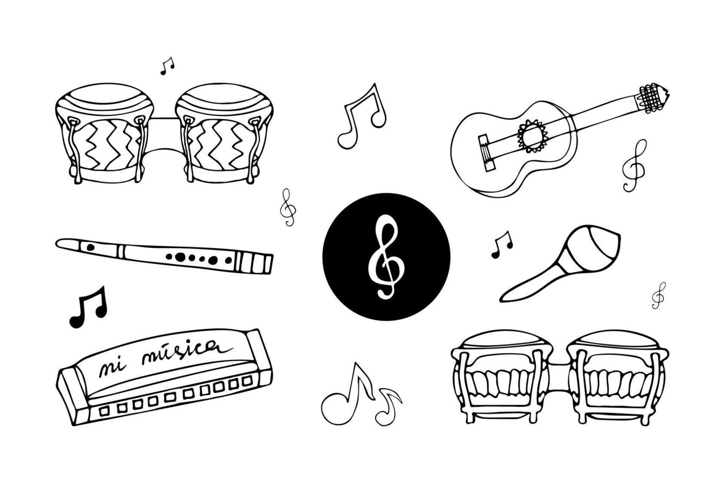 Set of hand drawn musical doodle symbols and instruments for design. Isolated on white background. vector