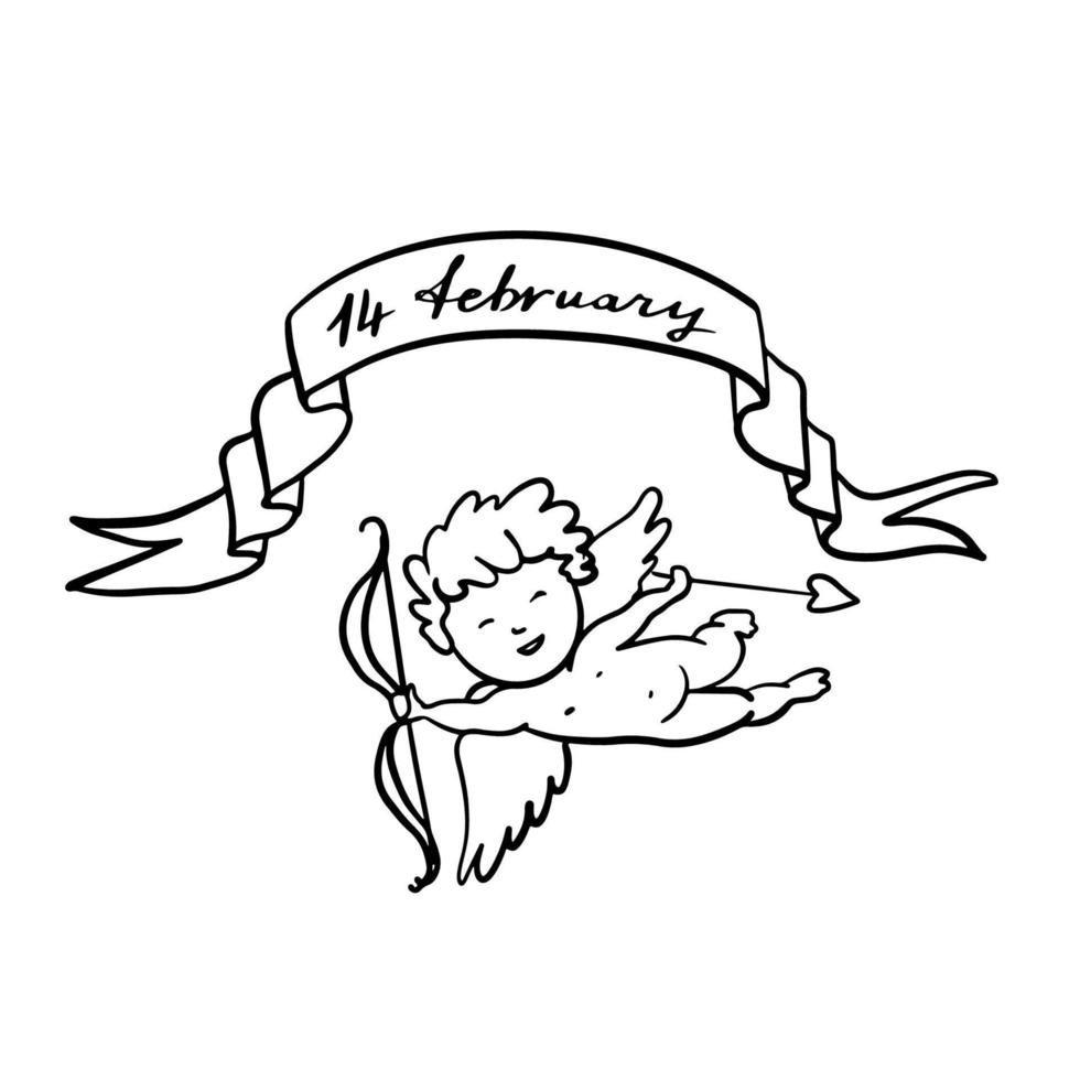 Flying Cupid or Amur with bow and arrow. Winged baby god of love Eros. Hand drawn linear doodle ink sketch. Isolated vector illustration.
