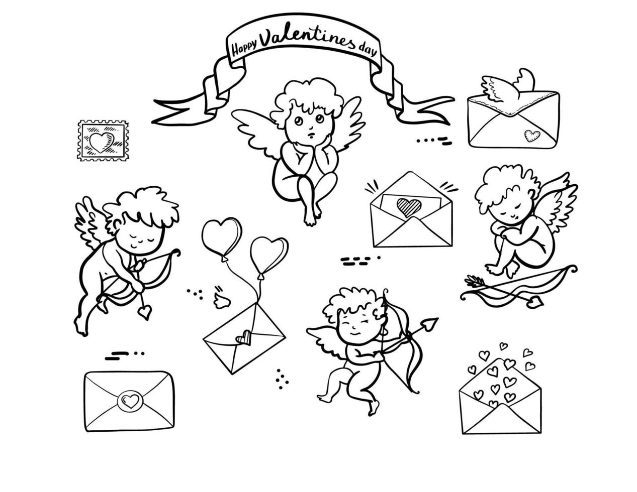 establecer cupido volador y correos de amor. vector lineal dibujado a mano sobre fondo blanco.