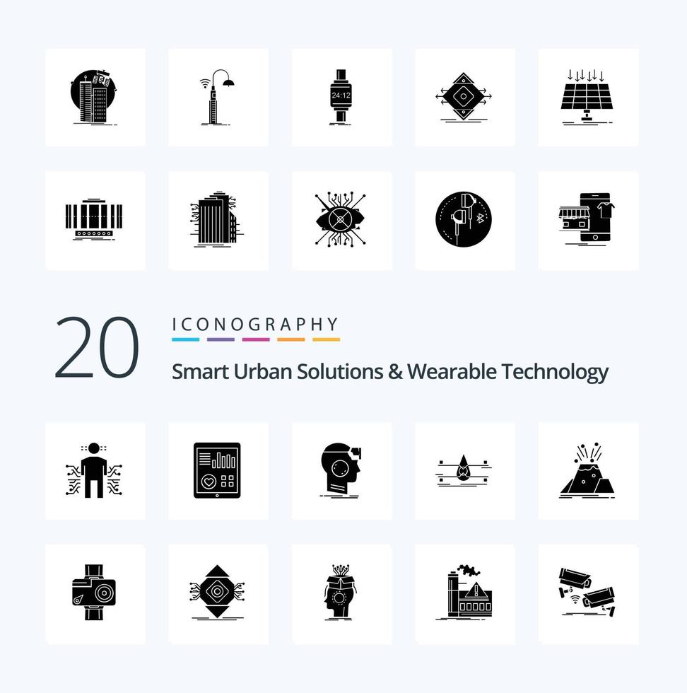 20 Smart Urban Solutions And Wearable Technology Solid Glyph icon Pack like monitoring pulse virtual headset vector