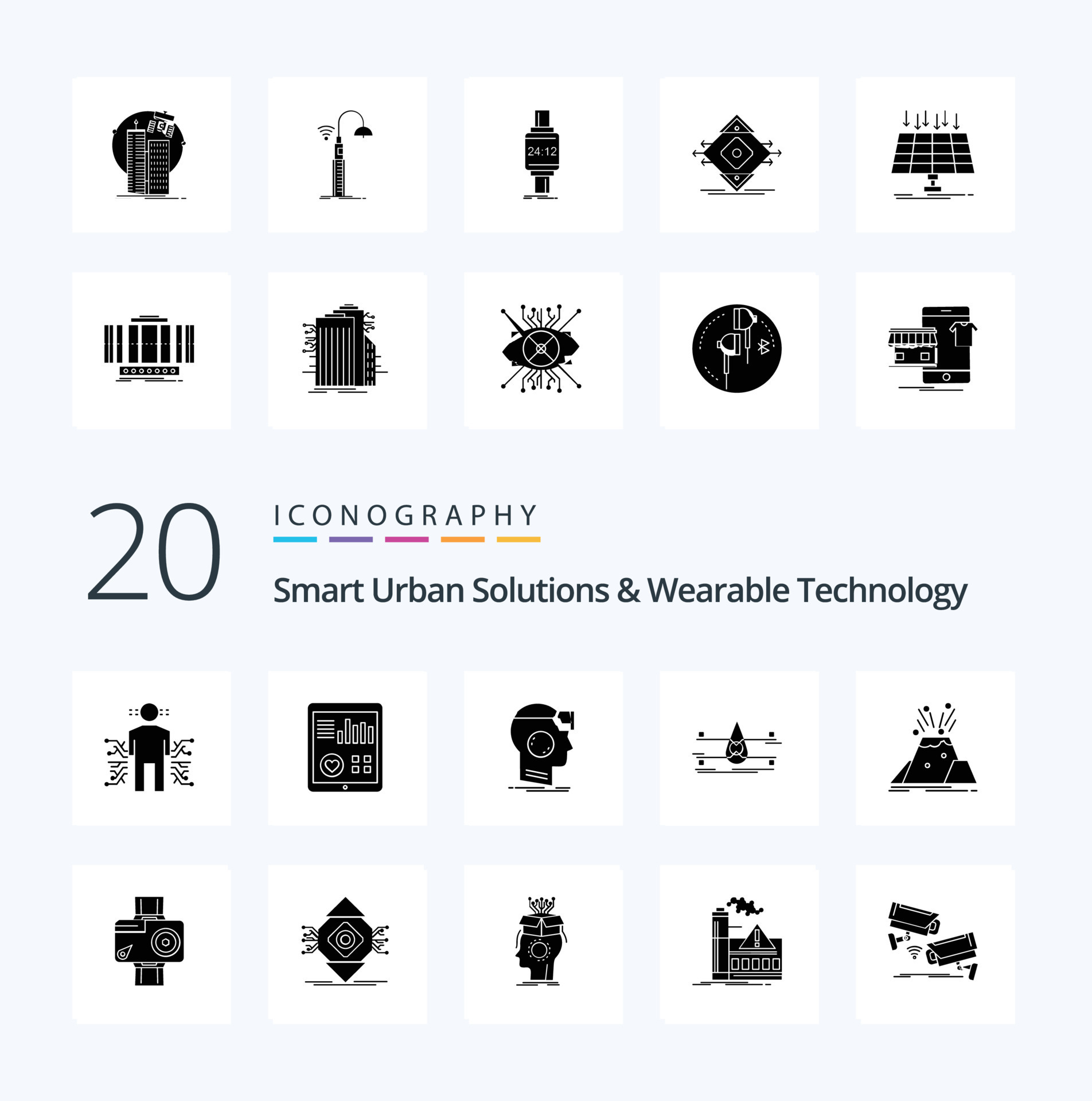 20 Smart Urban Solutions And Wearable Technology Solid Glyph icon Pack