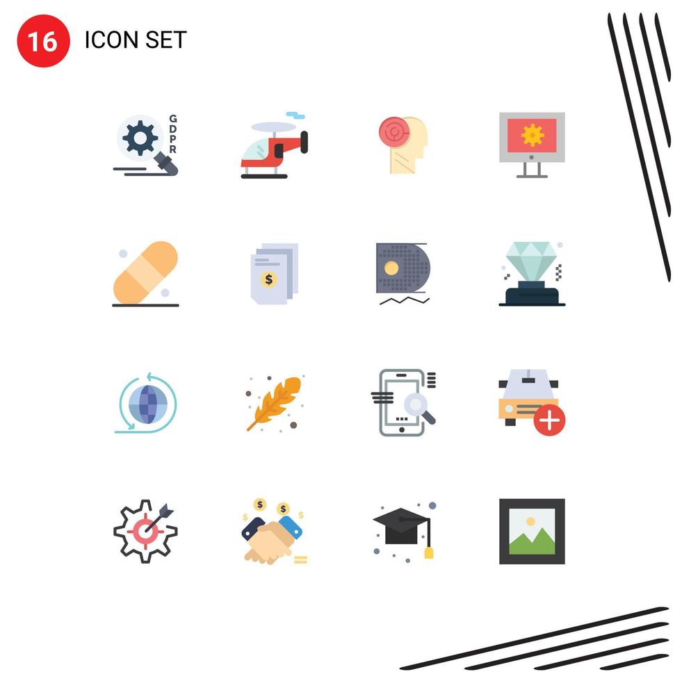 Mobile Interface Flat Color Set of 16 Pictograms of dollar patch mind medical technical support Editable Pack of Creative Vector Design Elements