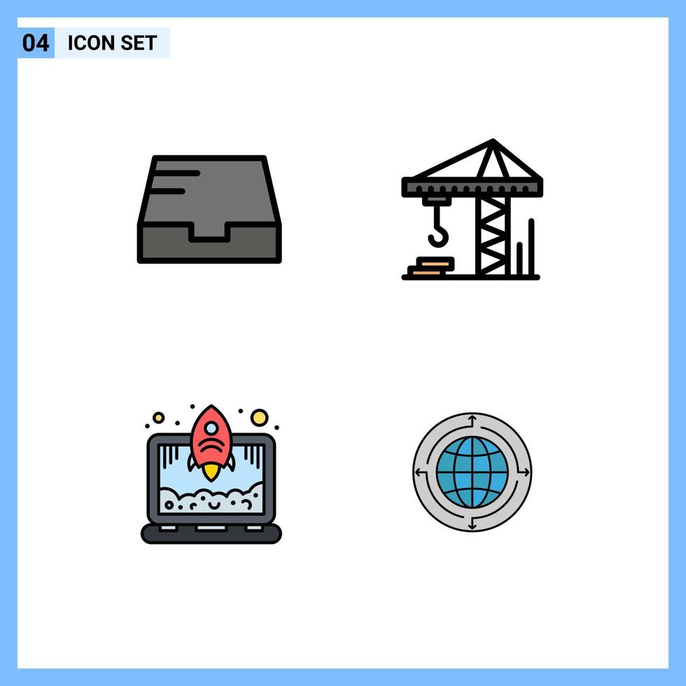 Set of 4 Modern UI Icons Symbols Signs for inbox globe crain laptop communication Editable Vector Design Elements