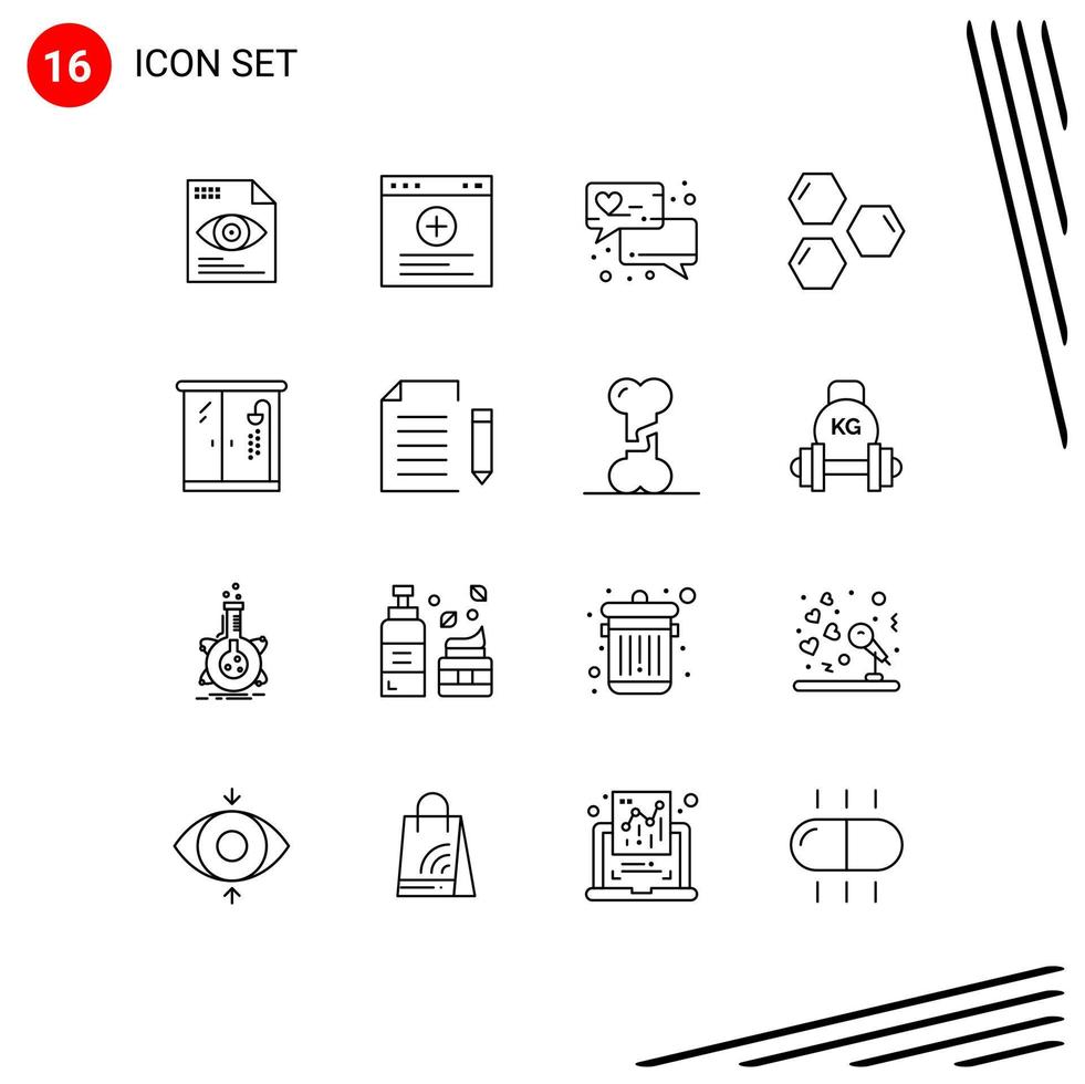 Group of 16 Outlines Signs and Symbols for bathroom home love message space science Editable Vector Design Elements