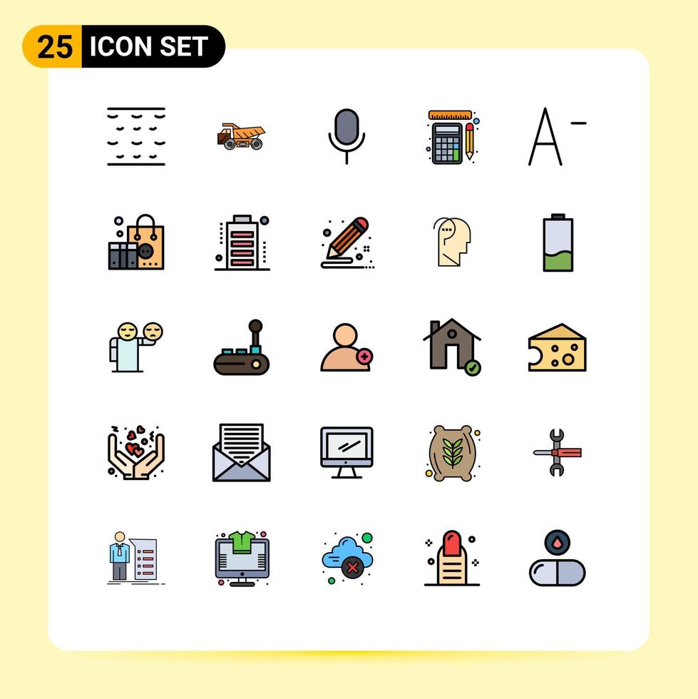 Mobile Interface Filled line Flat Color Set of 25 Pictograms of advertising decrease microphone calculation tools Editable Vector Design Elements