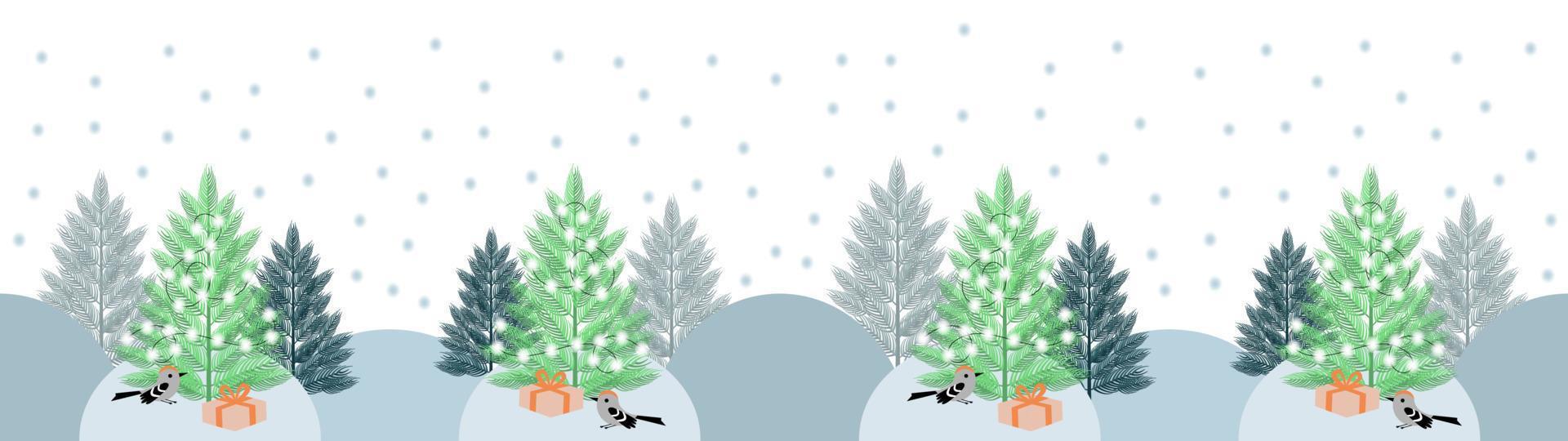 invierno temporada de año nuevo o paisaje navideño con nieve, pajarito, presente, guirnalda en el fondo largo del vector del árbol de noel o pancarta. estilo plano vectorial