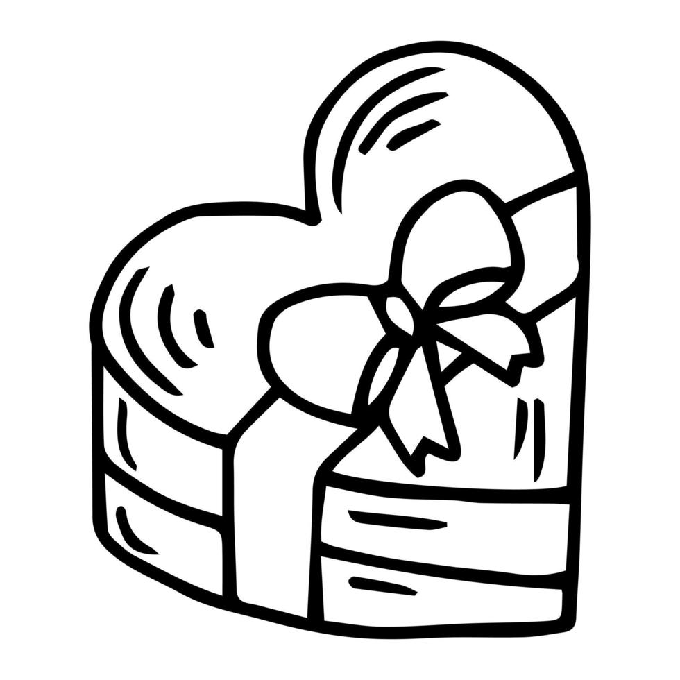 caja de regalo en forma de corazón con cinta y lazo aislado en blanco. dibujado a mano en estilo garabato vector