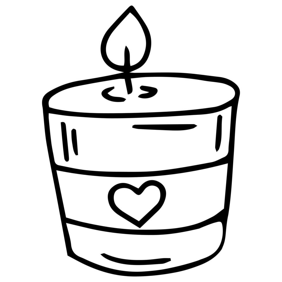 Candle heart. Relaxing environment. Hot flame. Vector illustration. Outline on an isolated background. Doodle style. Sketch. Valentine day. Coloring book for children. The spirit of romance.