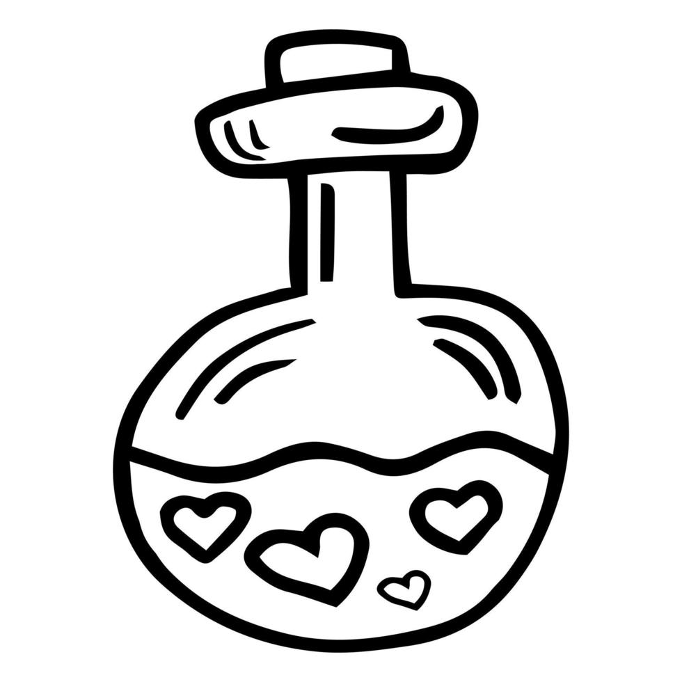 A love potion. Vector doodle illustration of a flask with hearts. Valentine's Day Icon