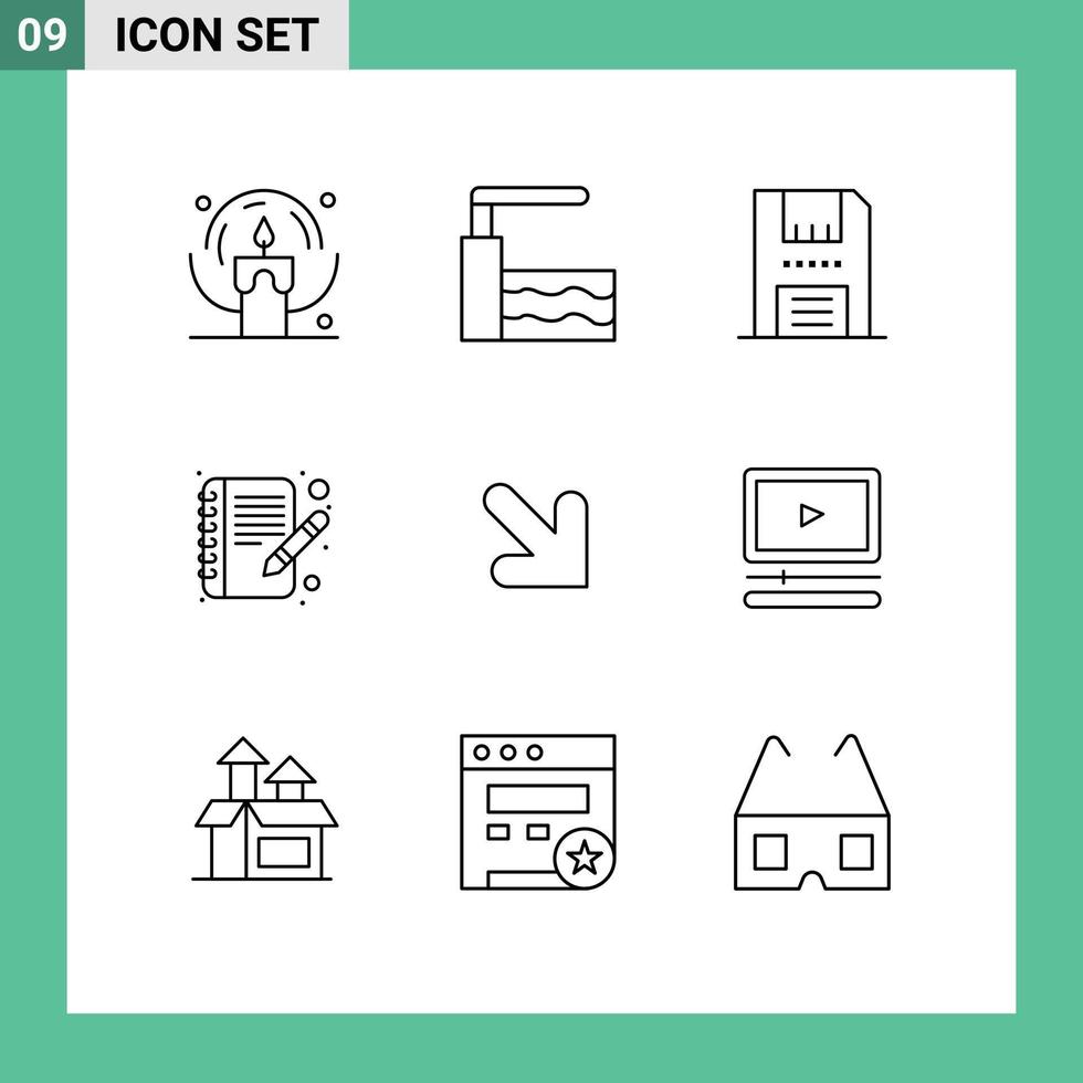 Set of 9 Vector Outlines on Grid for right arrow disc write book Editable Vector Design Elements
