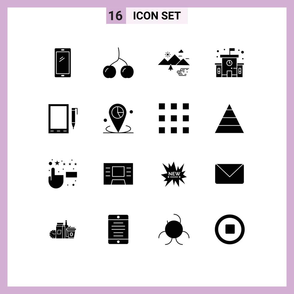 Group of 16 Solid Glyphs Signs and Symbols for cell school mountains education sun Editable Vector Design Elements