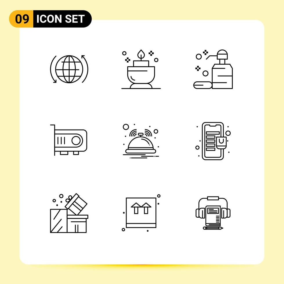 Universal Icon Symbols Group of 9 Modern Outlines of notification bell clean computer power Editable Vector Design Elements