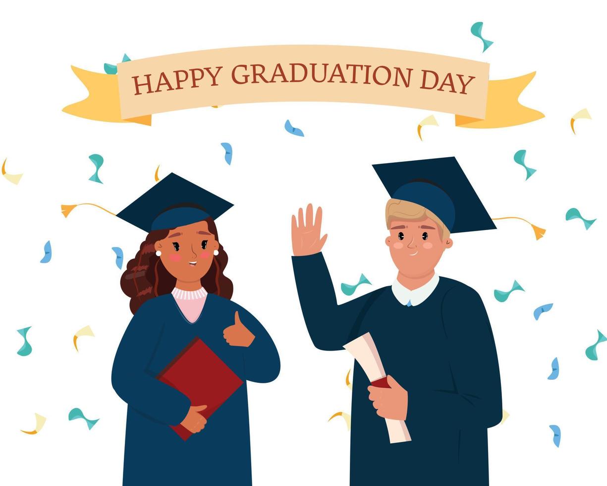 Two happy young diverse people graduated from the college. vector