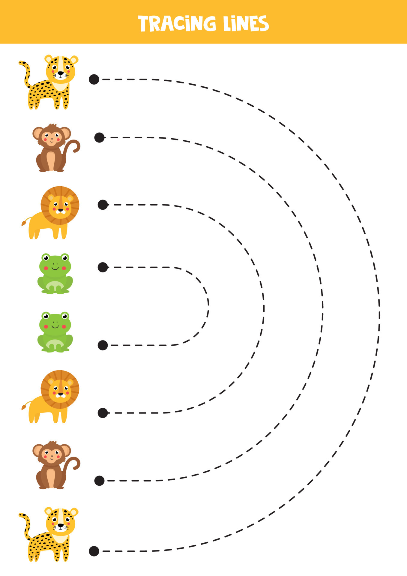 Tracing lines for kids. Cute cartoon wild animals. Writing practice
