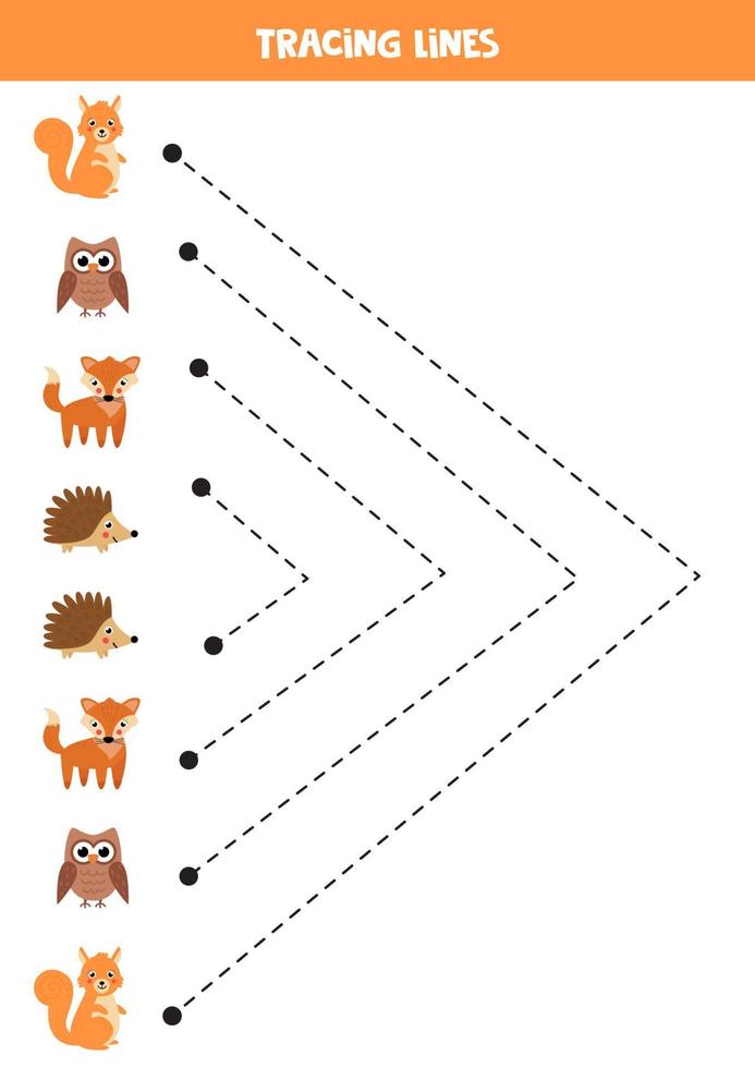 Tracing lines for kids. Cute cartoon forest animals. Writing practice. vector