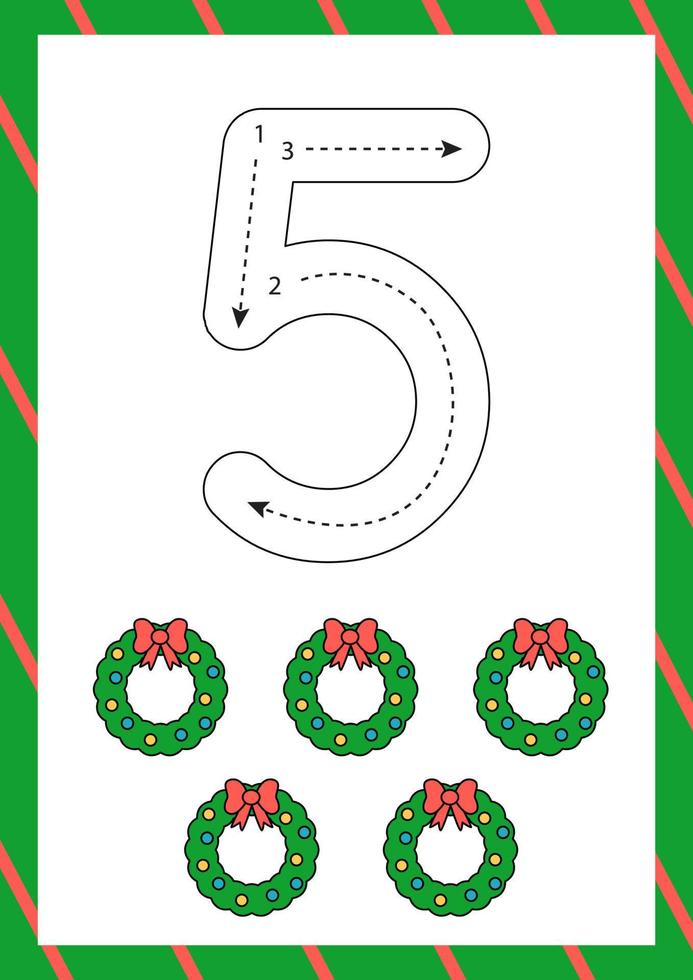 Christmas flashcard how to write number five. Worksheet for kids. vector
