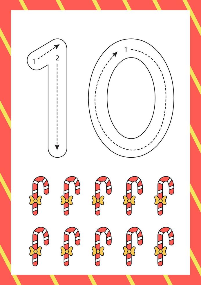 Christmas flashcard how to write number ten. Worksheet for kids. vector
