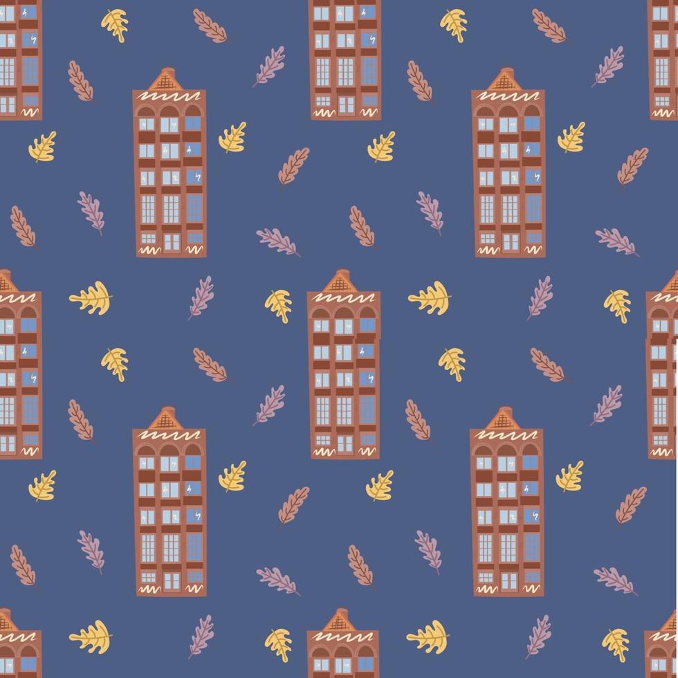 Architecture Amsterdam cozy and cute seamless pattern on a blue background. vector