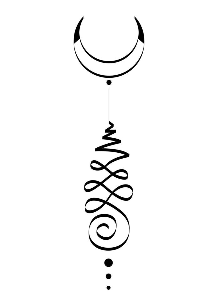 Unalome crescent moon symbol, Hindu or Buddhist sign representing path to enlightenment. Hand drawn Yantras Tattoo icon. Simple black and white ink drawing, vector illustration isolated on white