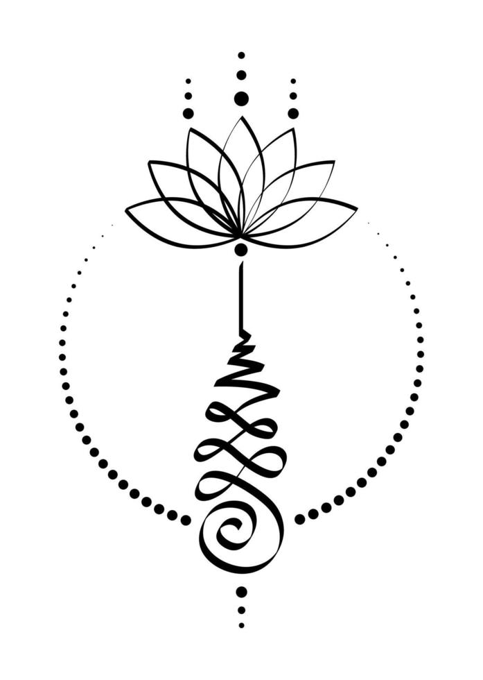Unalome lotus flower symbol, Hindu or Buddhist sign representing path to enlightenment. Hand drawn Yantras Tattoo icon. Simple black and white ink drawing, isolated vector illustration