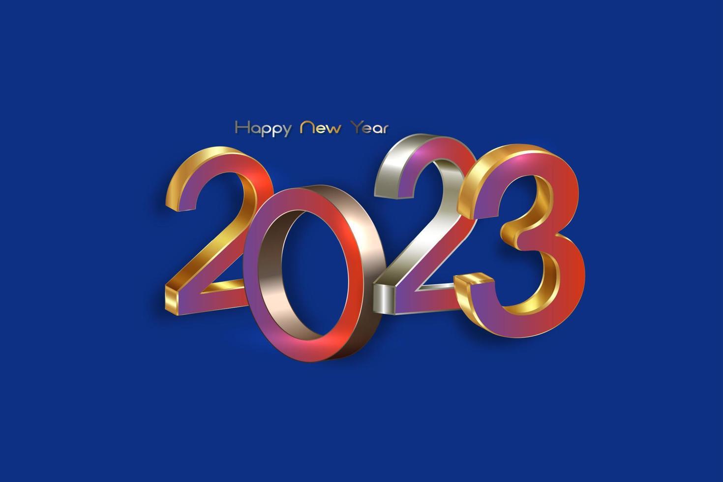 coloridas letras en negrita doradas, bronce y plateadas 2023. logo 3d de año nuevo para tarjeta de felicitación navideña. ilustración vectorial aislada sobre fondo azul, plantilla de lujo de moda eve vector