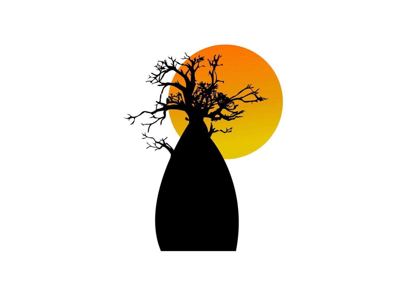vector de árbol boab o baobab aislado, icono de concepto de logotipo de silueta de árbol, signo de ilustración aislado en el fondo del atardecer