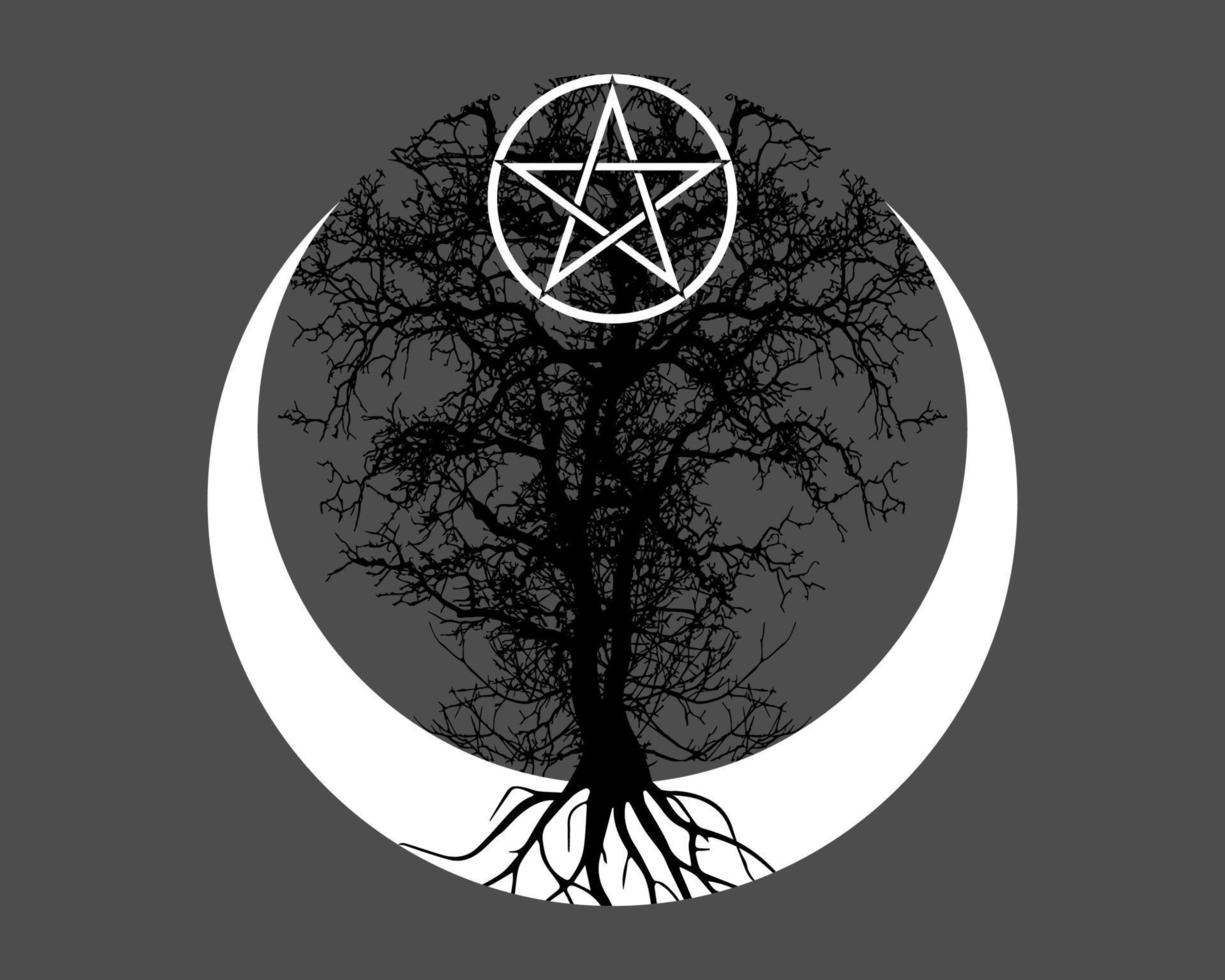 Mystical Moon, tree of life and Wicca pentacle. Sacred geometry. Logo, Crescent moon, half moon pagan Wiccan goddess symbol, energy circle, tattoo style vector isolated on gray background