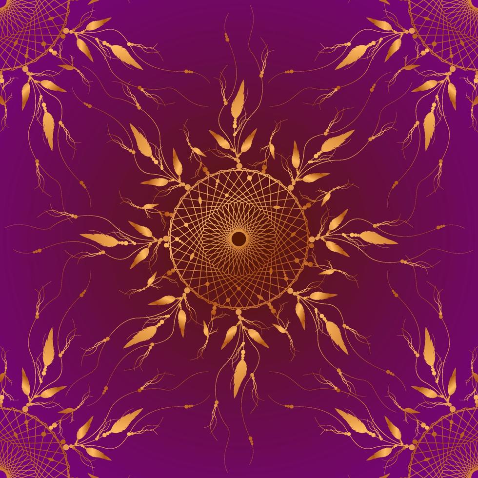 Dreamcatcher mandala pattern ornament, bird feathers and Sun Flowers Gold round Mystic symbol, Ethnic art with native American Indian boho design, vector isolated on purple retro background